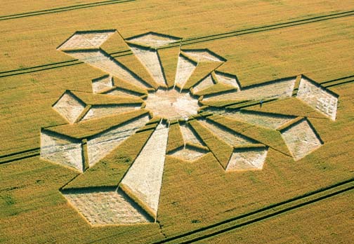 3-dimensional "crystal," or "explosion," seems to rise out of the wheat growing near the 5,500-year-old Wayland's Smithy burial site one mile west of Uffington Castle. About 175 feet long, the pattern was reported on July 8, 2006. Aerial image © 2006 by Lucy Pringle, www.lucypringle.co.uk.