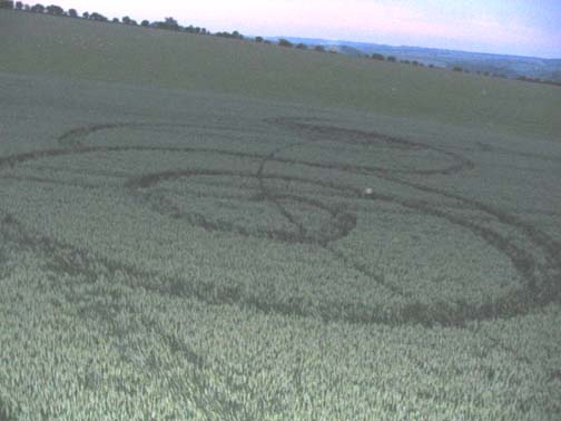 Above and below: Two photographs in darkness before dawn (photos brightened for more clarity) on June 11, 2006, show mysterious, small light moving over the West Overton, Wiltshire, formation, which was first reported on June 9, 2006. Photographs © 2006 by William Betts.