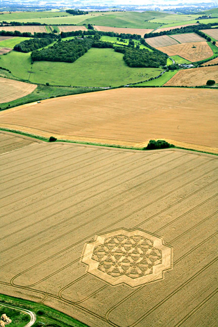 Six-fold geometry in wheat spanning about 250-feet-diameter, reported August 17, 2007, in West Overton, near East Kennett, Wiltshire, England. Aerial image © 2007 by Lucy Pringle. Also see: Cropcircleconnector.com.