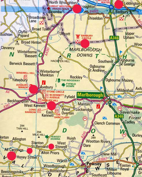 Red circles match geographical locations for Wiltshire, England, crop formations listed below. Note that Liddington in far upper right is also in the Oxfordshire map at bottom of report for overview reference. 