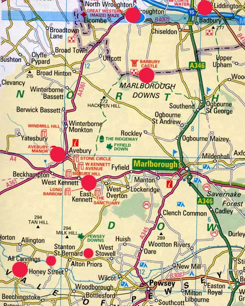 Red circles match geographical locations for Wiltshire, England, crop formations listed below. Note that Liddington in far upper right is also in the Oxfordshire map at bottom of report for overview reference.