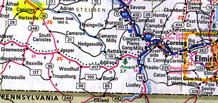 Canisteo, Steuben County, New York, is west of Elmira and southeast of Buffalo.