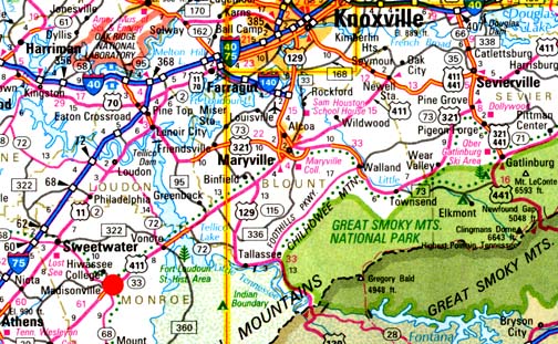  Madisonville, Monroe County, Tennessee - site of the historic Cherokee nation's capital, Chota - is straight south of the Oak Ridge National Laboratory outside Knoxville and west of the Great Smoky Mountains.