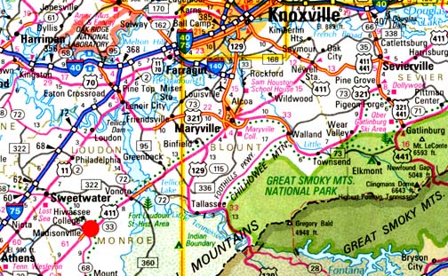 Madisonville, Monroe County, Tennessee - site of the historic Cherokee nation's capital, Chota - is straight south of the Oak Ridge National Laboratory outside Knoxville and west of the Great Smoky Mountains.