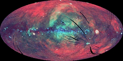 X-Ray Image: A view of our galaxy from the all-sky image by the German-led ROSAT x-ray observatory research "oriented so that the plane of our Milky Way Galaxy runs horizontally through the center. Both x-ray brightness and relative energy are represented with red, green and blue colors from lowest energy to highest. Over large areas of the sky a general diffuse background of x-rays dominates." Provided by NASA's Marshall Space Flight Center, Huntsville, Alabama.