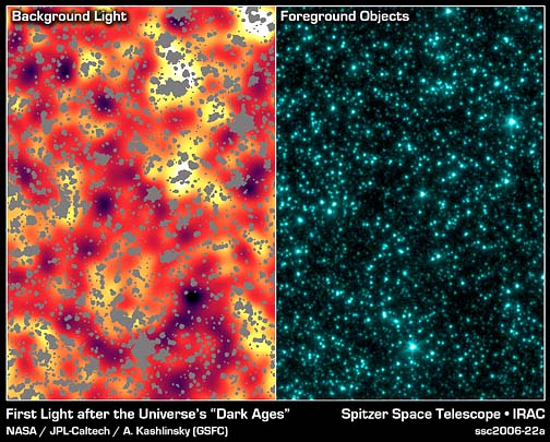 "Foreground Objects" (right) is an image from NASA's Spitzer Space Telescope of stars and galaxies in the Ursa Major constellation. This infrared image covers a region of space so large that light would take up to 100 million years to travel across it. "Background Light" (left) is the same image after stars, galaxies and other sources were masked out. The remaining background light is from a period of time when the universe was less than one billion years old, and most likely originated from the universe's very first groups of objects - either huge stars or voracious black holes. Darker shades in the image on the left correspond to dimmer parts of the background glow, while yellow and white show the brightest light. Image Credit: NASA/JPL-Caltech/A. Kashlinsky (GSFC).