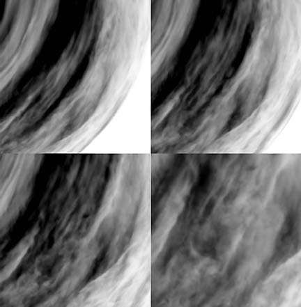 The images, showing a complex cloud system, were taken on the night-side of Venus at a wavelength of 1.7 micron that allows viewing the deep atmospheric layers. Credits: ESA/VIRTIS/INAF-IASF/Obs. de Paris-LESIA.