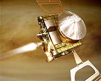 Artist's illustration of Venus Express firing its rocket engine to slow down into orbit around the hot planet on April 11, 2006. Image by ESA.