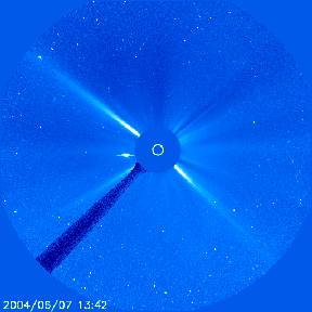 June 7, 2004, image of Venus as white dot moving toward sun as it nears June 8, 2004, solar transit. Image courtesy Solar and Heliospheric Observatory (SOHO).