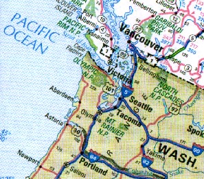 Mt. Rainier is near center of map between Olympia and Tacoma, Washington.