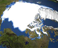 Computer graphic based on satellite observation of minimum sea-ice concentrations over Arctic region in 1979. Graphic courtesy United Nations Environment Programme, UNEP.