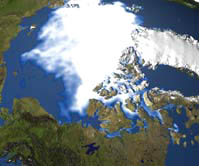 Computer graphic based on satellite observation of minimum sea-ice concentrations over Arctic region in 2003. Graphic courtesy UNEP. 