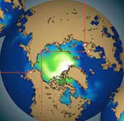Computer graphic projecting future minimum sea-ice concentrations over Arctic region in 2050. Graphic courtesy UNEP.  Polar Bear Survival Threatened 