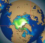 Computer graphic projecting future minimum sea-ice concentrations over Arctic region in 2050. Graphic courtesy UNEP. Polar Bear Survival Threatened