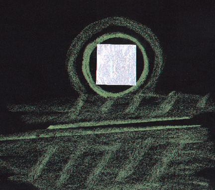 Graphic depiction of pulsing, jumping oval after it transformed to flickering square that resembled sunlight reflecting off a mirror surrounded by two rings, an artifact of seeing object in infrared. Drawing © 2000 by Linda Moulton Howe.