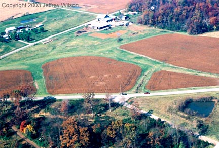 The farmer and residents near the field thought the pattern first appeared in the soybeans in late September or early October. Aerial photograph © 2003 by Jeffrey Wilson.
