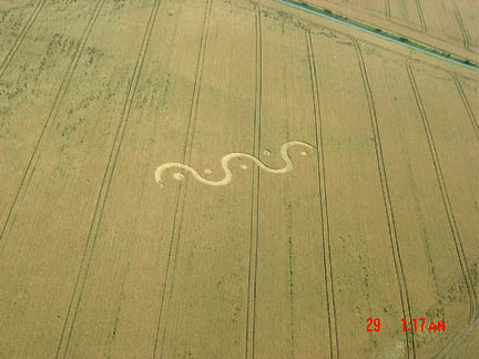 Mathias van Singer wrote, "Here are the pictures of the snake that have been taken by one man of the group of Peter Tadd (Irish tour leader), who is Jean-Claude Viret. The camera time was not morning. All agree the hour in which the tour and pilot became aware of the serpent pattern was between Noon and 1 p.m. Wiltshire, England time. All aerial photographs © 2004 by Jean-Claude Viret.