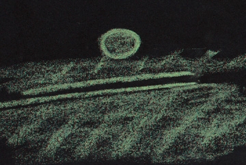 Graphic depiction of pulsing, jumping oval object as seen in shades of grey-green in the Night Vision scope beginning around 1 AM on August 4, 2000. Drawing © 2000 by Linda Moulton Howe.