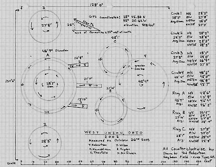 Upper circle flattened in soybeans was 45 feet 4 inches in diameter. All the other rings and flattened circles were about 28 feet in diameter. Diagram © 2003 by Ted Robertson.