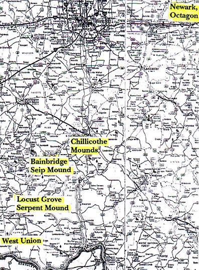 The four 2003 soybean formations at West Union, Serpent Mound, and Seip Mound are on an alignment with the Chillicothe and Newark Octagon earth mounds.