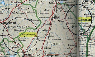 Wilhelminaoord, Drenthe, Holland, was the site of two unusual wheat crop formations discovered by the farmer the morning of July 13, 2003. To the east is Stadskanaal which had formations in 2002 and 2001 that changed over time.