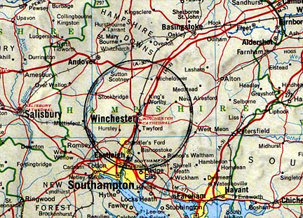 Winchester was original capital of England, an ancient city going back two millennia.  Cheesefoot Head is a couple of miles east of Winchester where crop formations started back in  the 1970s. The 2002 face and code formation is a couple miles to the west of Winchester.  Another 5 or 6 miles further west is the Chilbolton Radio Observatory. 