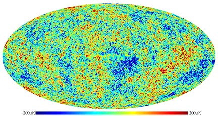  The Wilkinson Microwave Anisotropy Probe's first detailed map of the oldest light in the universe. Cosmologists call it a "baby picture" of the universe. Colors indicate "warmer" (red) and "cooler" (blue) spots. The oval shape is a projection to display the whole sky; similar to the way the globe of the earth can be projected as an oval. The microwave light captured in this picture is from 379,000 years after the Big Bang, over 13 billion years ago. Source: WMAP NASA.
