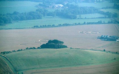 The "bear claw" crop formation reported on July 14, 2003, by Andy Buckley, near the Tim and David Carson barns on the right; the "snake" that was discovered later on July 25, 2003 directly below Woodborough Hill and its beech trees in foreground. Photograph © 2003 by Bert Janssen.