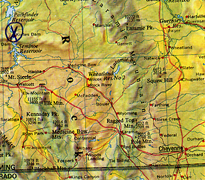 The X marks the location between Pathfinder and Seminoe Reservoirs in Wyoming where Dale Patrone, his brother, sister-in-law and friend were camped on a fishing trip March 28, 1977 when Dale had a close encounter with a disc on top of a snow covered mountain.