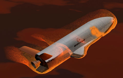 Artist illustration of X-37B re-entering Earth's atmosphere with a cargo bay large enough to bring back small cargo.