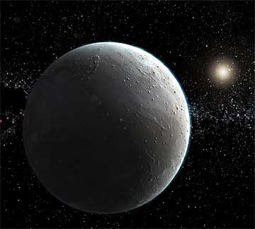 Illustration of possible Earth-size planet beyond Pluto and Kuiper Belt at 100 Astronomical Units (A. U.) from our sun (upper right). Theorized by Kobe University Japanese scientists because of perturbations in the orbits of other bodies in that region of solar system. Illustration courtesy Kobe University, Japan.