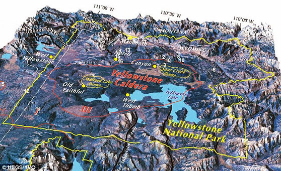 The Yellowstone Caldera measures 34 miles by 45 miles in area, the residue of three catastrophic caldera-forming magma explosions in which the third one 640,000 years ago disgorged enough white molten rock to cover the entire state of Texas five feet deep.