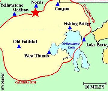 The Caldera Rim in Yellowstone National Park, Wyoming, is 40 miles in diameter. 645,000 years ago, a "super volcano" blew out so much magma that the land collapsed downward a few thousand feet, creating the caldera. The Norris geothermal region marked with a red star has periodically had sections closed because of intense heating from below ground. Graphic courtesy the U. S. Geological Service.