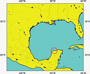 Red circle represents the Chicxulub impact crater in northwestern Yucatan peninsula produced by the violent impact of an object about 6 miles (10 kilometers) wide when dinosaurs were alive on the earth 66 million years ago. Asteroid, or comet, it punched through 22 miles of the earth's crust and is thought to be the extinction event that annihilated more than 75% of all earth life. Map courtesy of marine geophysicist Gail L. Christeson.