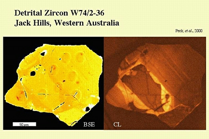 Tiny zircon crystal that uranium and lead isotopes indicate was formed on earth 4.4 billion years ago. BSE on left is Back Scattered Electrons which concerns average density of crystal. Three black areas are inclusions of quartz which indicates the crystal was created in continental surface crust. CL on right is Cathode Luminescence. Photograph courtesy of geologist William H. Peck.