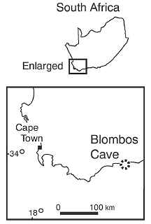 Blombos Cave is 200 miles east of Cape Town, South Africa on a hillside overlooking the Indian Ocean.