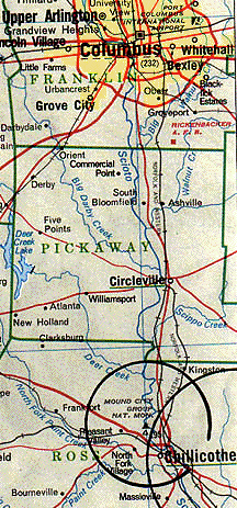  90-foot-diameter circle discovered entirely underground by magnetic sensing equipment at Chillicothe prehistoric Mound City Group National Monument about 40 miles south of Columbus, Ohio. Large earthworks of ditches, walls and mounds in circles, octagons, squares and rectangles were created by cultures that lived in the Ohio region. First known were the Adena (1000 B.C. to 200 A.D.) followed by the Hopewell (500 B. C. to 500 A.D.) The Adena and Hopewell did not leave any writings, so no one understands precisely why the large soil formations were created. 