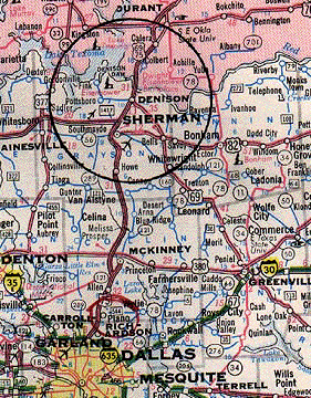 The black circle includes the area 60 miles north of Dallas, Texas where Perrin AFB in 1952 was an Air Training Command base.
