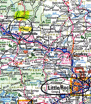 The Piney River valley ten miles north of Dover, Arkansas and northwest of Little Rock has a long tradition of mysterious moving lights and green fog. Local residents call them the "Dover lights."