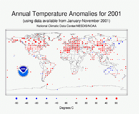 The National Oceanic and Atmospheric Administration (NOAA) reports that despite pre-existing La Nina conditions, global temperatures were above average during 2001. This map shows warmer than average temperatures were widespread across much of the United States and most of Europe. Temperatures in the red areas were 1.8 to 5.4 degrees Fahrenheit (1-3 degrees Centigrade) above average global annual temperatures between 1961 and 1990. The only cooler place was Australia where temperatures were between 1.8 to 5.4 degrees Fahrenheit (1-3 degrees Centigrade) cooler than average. Map and graphic below courtesy of NOAA.