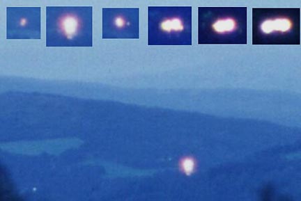 Observation point is Aspaskjolen in the valley of Hessdalen, Norway, on August 18, 2001 looking southeast. The exposures are about 30 seconds for each of the first three photo frames (upper left). The remaining three photos (upper right) were taken an hour later at the same exposure rate. Reflex camera was Yashica 107 Multiprogram; film 200 ASA. Photograph and processing by M. Teodorani.