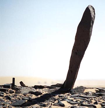 Nabta astronomical stone circle and megaliths discovered and radiocarbon dated by scientists in 1998 to be at least 6,500 years old, the oldest known astronomical alignment of megaliths in the world. Some of the stone slabs are nine feet high and originated miles away from the constructed circle. Photograph courtesy Professors J. M. Malville, Univ. of Colorado, and F. Wendorf, Southern Methodist University.