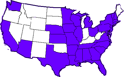 103 nuclear power plants in the states colored purple above supply about twenty percent of the electricity used in the United States. Some states have only one reactor. Others such as Pennsylvania have nine reactors, including Three Mile Island which is near the Harrisburg International Airport. Graphic © 2001 by the Nuclear Energy Institute.