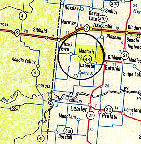 Mantario, Saskatchewan, Canada where rancher Bill Francis found one of his heifers dead and mutilated and a second standing up, but unmoving and near death on August 16, 2001.