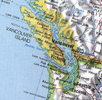 Vancouver Island where John Bindernagel, Ph.D. and others have discovered Sasquatch tracks. Southeast is Everett., Washington near the Snohomish back country where many eyewitnesses have seen eight to 12 foot tall hairy hominoids and heard them make high-pitched screams that have been recorded on tape. 