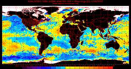 Pacific Ocean temperatures near the South American coast in February 2002 had warmed 2 degrees Celsius (4 Fahrenheit) indicating that El Nino conditions are developing. Map courtesy National Oceanic and Atmospheric Administration.