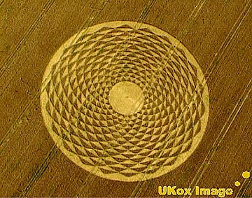Morning of Sunday, August 13, 2000, this new formation was discovered by Ulrich Kox in the wheat field between Woodborough Hill and Pickled Hill. Photograph © 2000 by Ulrich Kox. Also see: http://www.cropcircleconnector.com