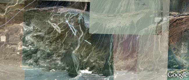 From left border to right border is about 20 miles in the China “Area 51” site near Dunhuang, Gansu Province, China. See maps below. The images in this Earthfiles report show that in July 2003, there was no construction. Then by 2005, construction had begun on one of the “runway” features and the far right “grid” above the Google logo.