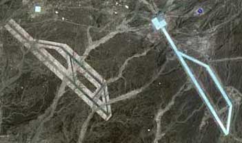 Two “airstrips” described by retired engineer, J. D. Branson, as 22,360.6 feet long in the China “Area 51” large terraformed region that extends for 20 miles southwest of the Great Gobi Desert A near ancient Dunhuang and about 200 miles west of China's Jiuquan Satellite Launch Center. Image by Google Earth.