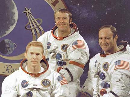 Apollo 14 crew from left: Astronauts Stuart A. Roosa, Alan B. Shepard and Edgar D. Mitchell, February 1971. Photograph courtesy NASA.